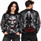 Red Eye Clown Puppet I Want To Play A Game Black Sweater for Trap Horror Fans NDN 2