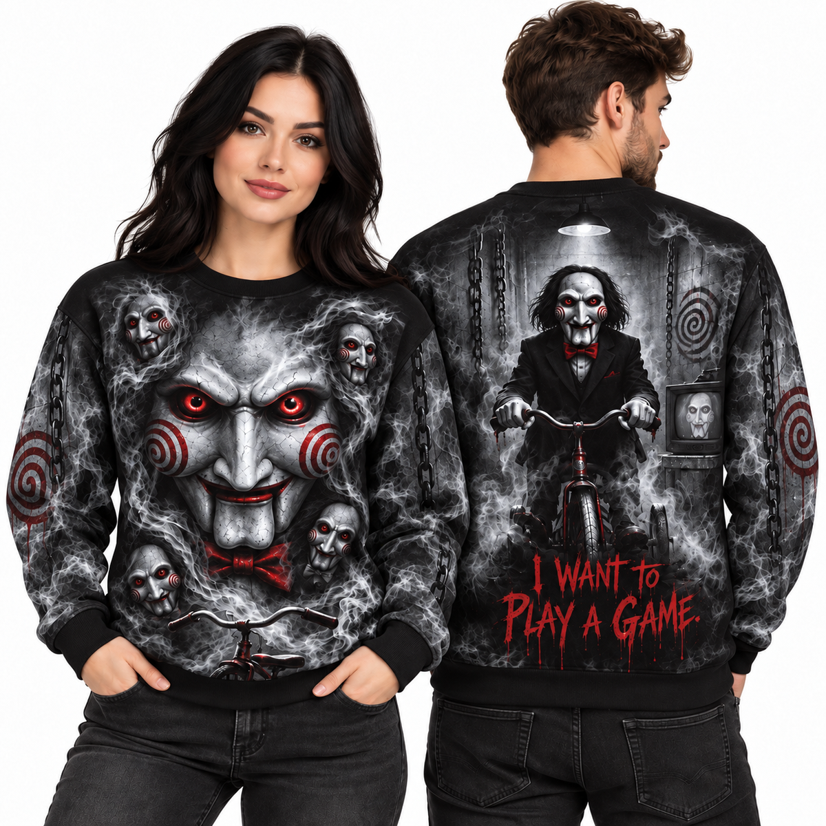 Red Eye Clown Puppet I Want To Play A Game Black Sweater for Trap Horror Fans NDN 2
