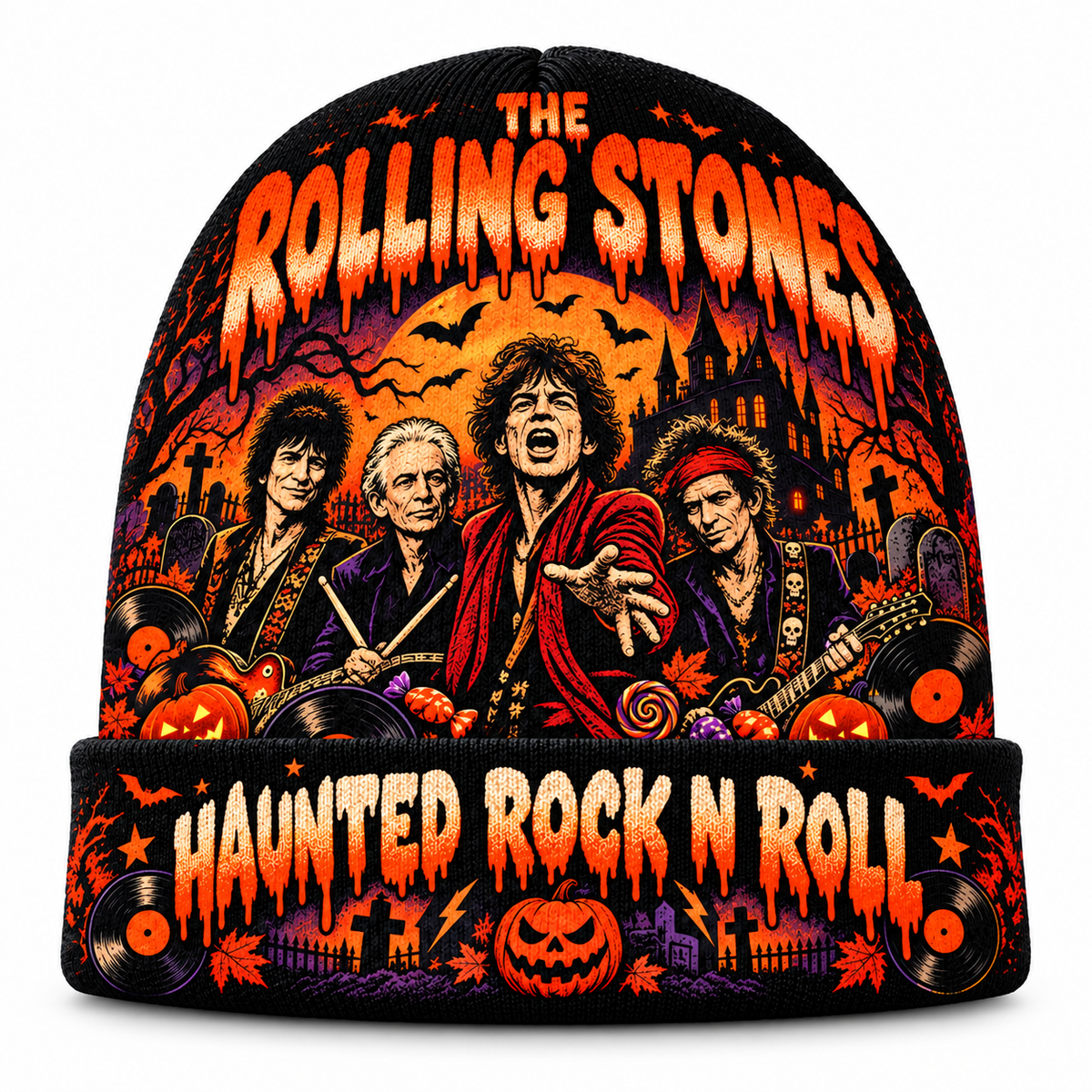 Rolling Stones Haunted Flames Graphic Print Knit Beanie for Rock Night Crowds NDN 1