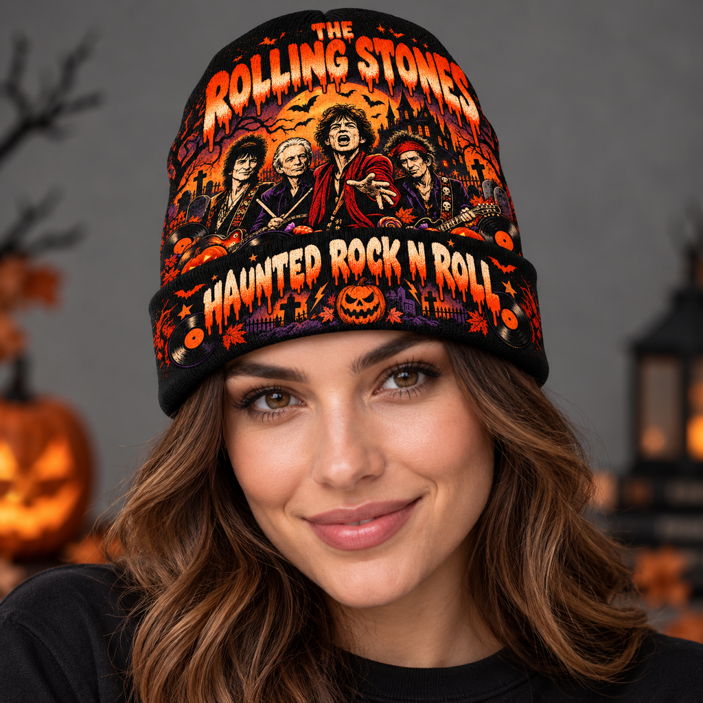 Rolling Stones Haunted Flames Graphic Print Knit Beanie for Rock Night Crowds NDN 3