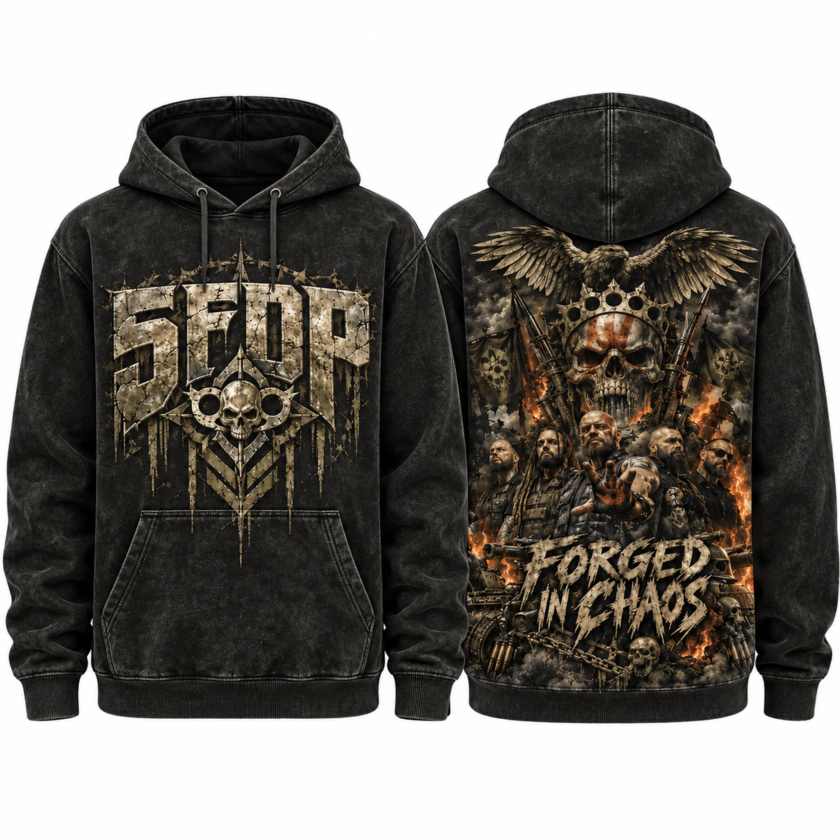 Sfdp Winged Skull Forged In Chaos Fire Acid Wash Hoodie for Heavy Metal Fans NDN 1