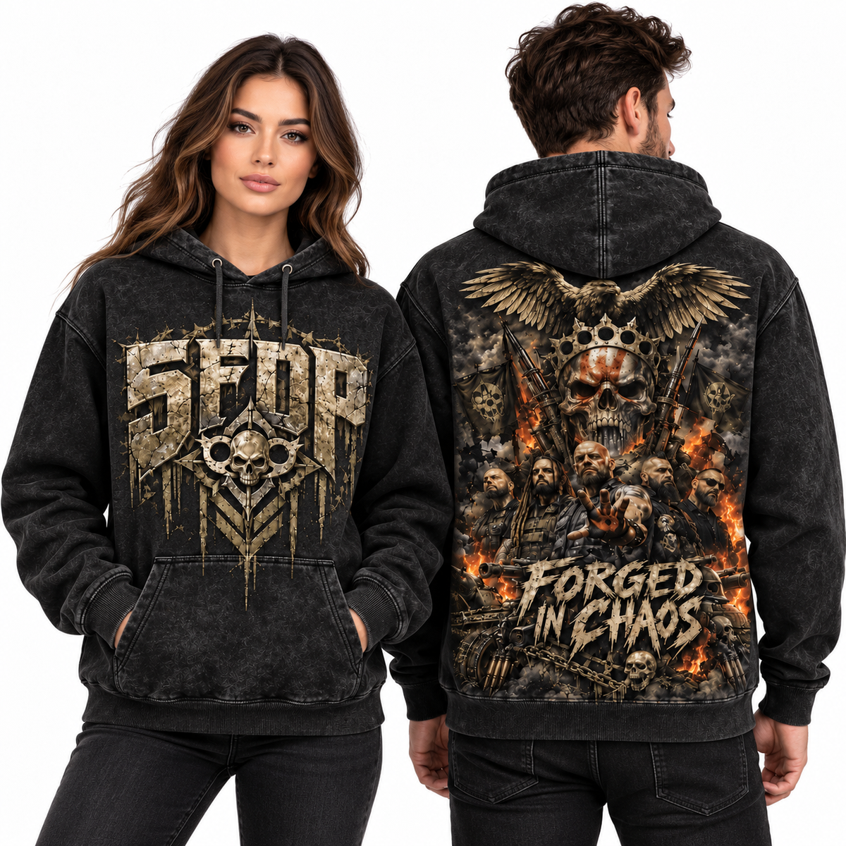 Sfdp Winged Skull Forged In Chaos Fire Acid Wash Hoodie for Heavy Metal Fans NDN 2