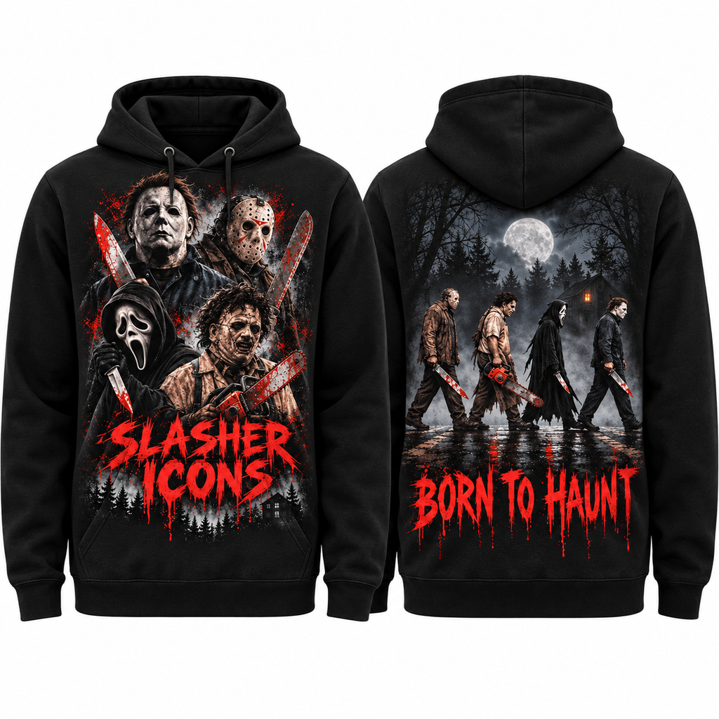 Slasher Icons Three Killers Born To Haunt Group Scene Hoodie for Horror Movie Fans NDN 1