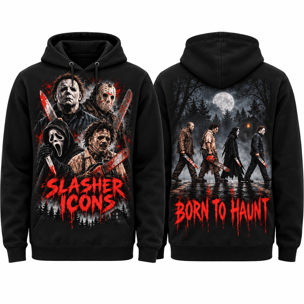 Slasher Icons Three Killers Born To Haunt Group Scene Hoodie for Horror Movie Fans NDN 1