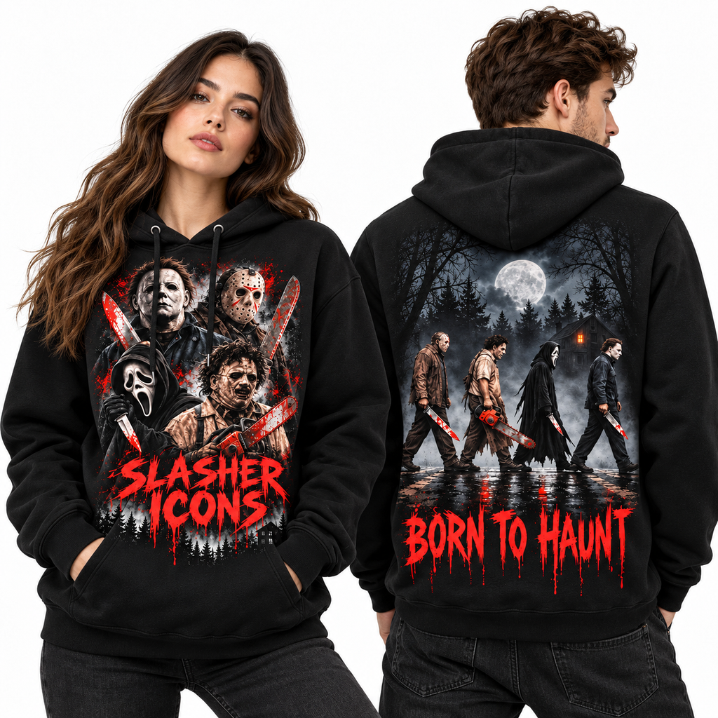 Slasher Icons Three Killers Born To Haunt Group Scene Hoodie for Horror Movie Fans NDN 2