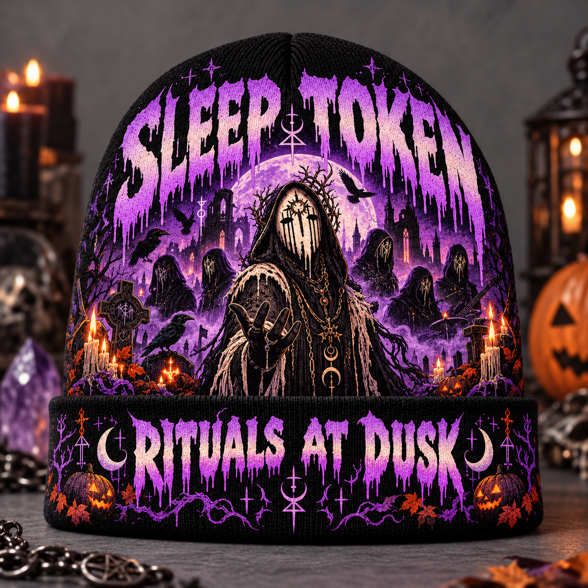 Sleep Token Hooded Figure Graphic Print Knit Beanie for Dusk Ritual Halloween Nights NDN 2