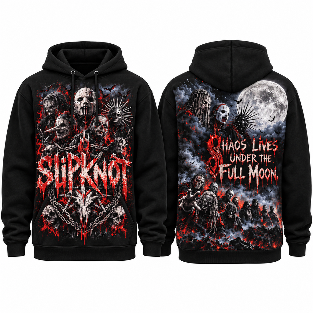 Slipknot Dripping Masks Chaos Lives Under The Full Moon Hoodie for Masked Metal Fans NDN 1