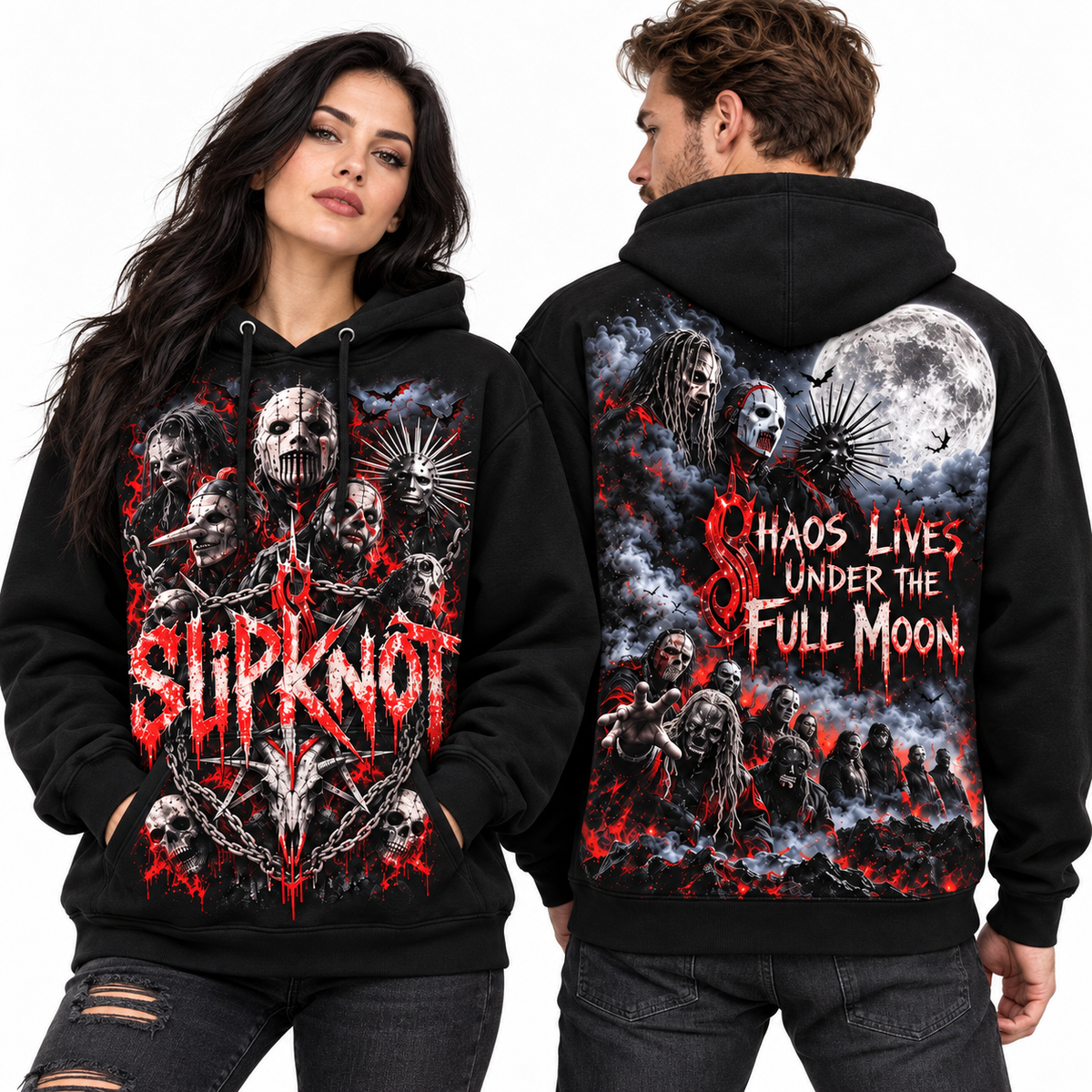 Slipknot Dripping Masks Chaos Lives Under The Full Moon Hoodie for Masked Metal Fans NDN 2
