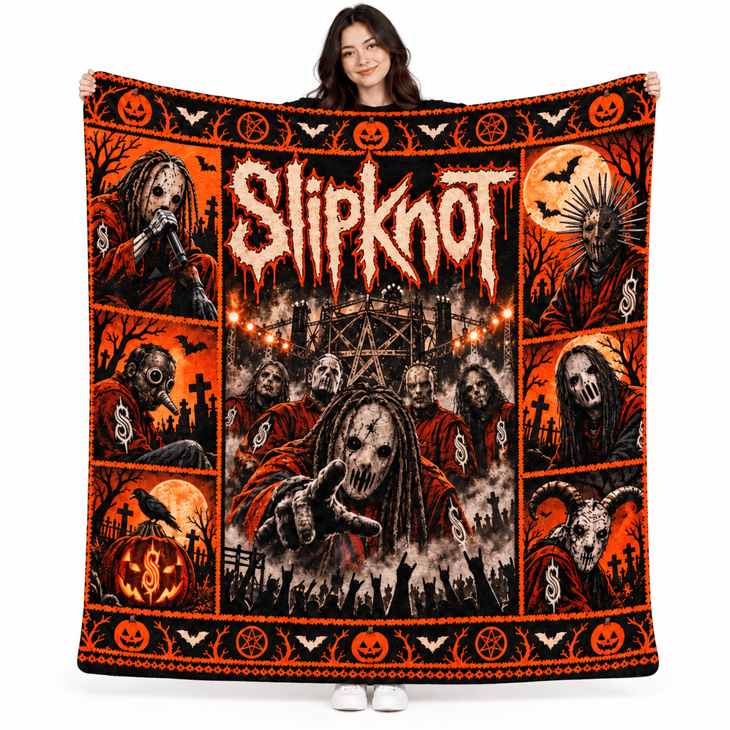 Slipknot Grey Orange Masked Figures Fleece Blanket For Dark Halloween Nights NDN 1