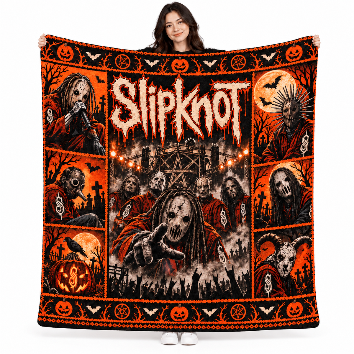 Slipknot Grey Orange Masked Figures Fleece Blanket For Dark Halloween Nights NDN 1