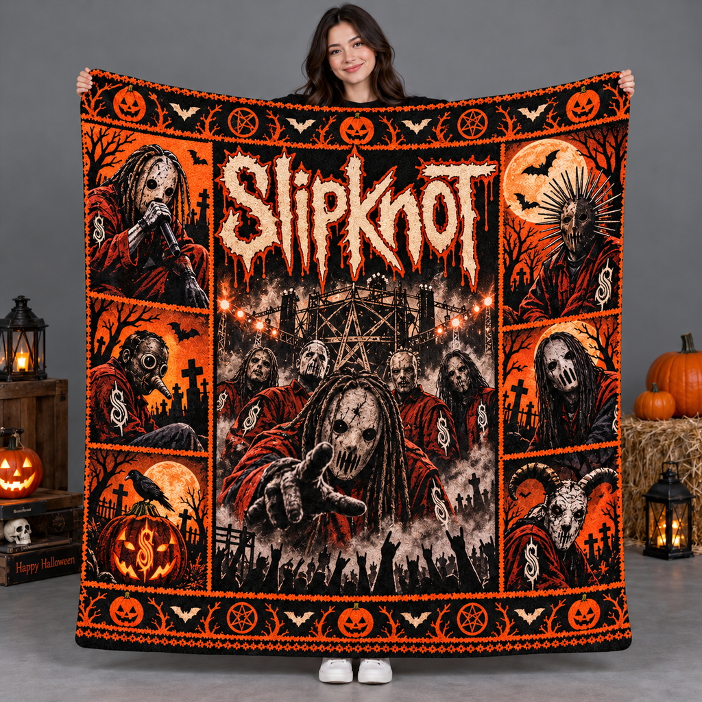 Slipknot Grey Orange Masked Figures Fleece Blanket For Dark Halloween Nights NDN 2