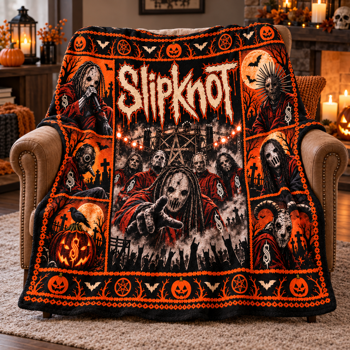 Slipknot Grey Orange Masked Figures Fleece Blanket For Dark Halloween Nights NDN 3
