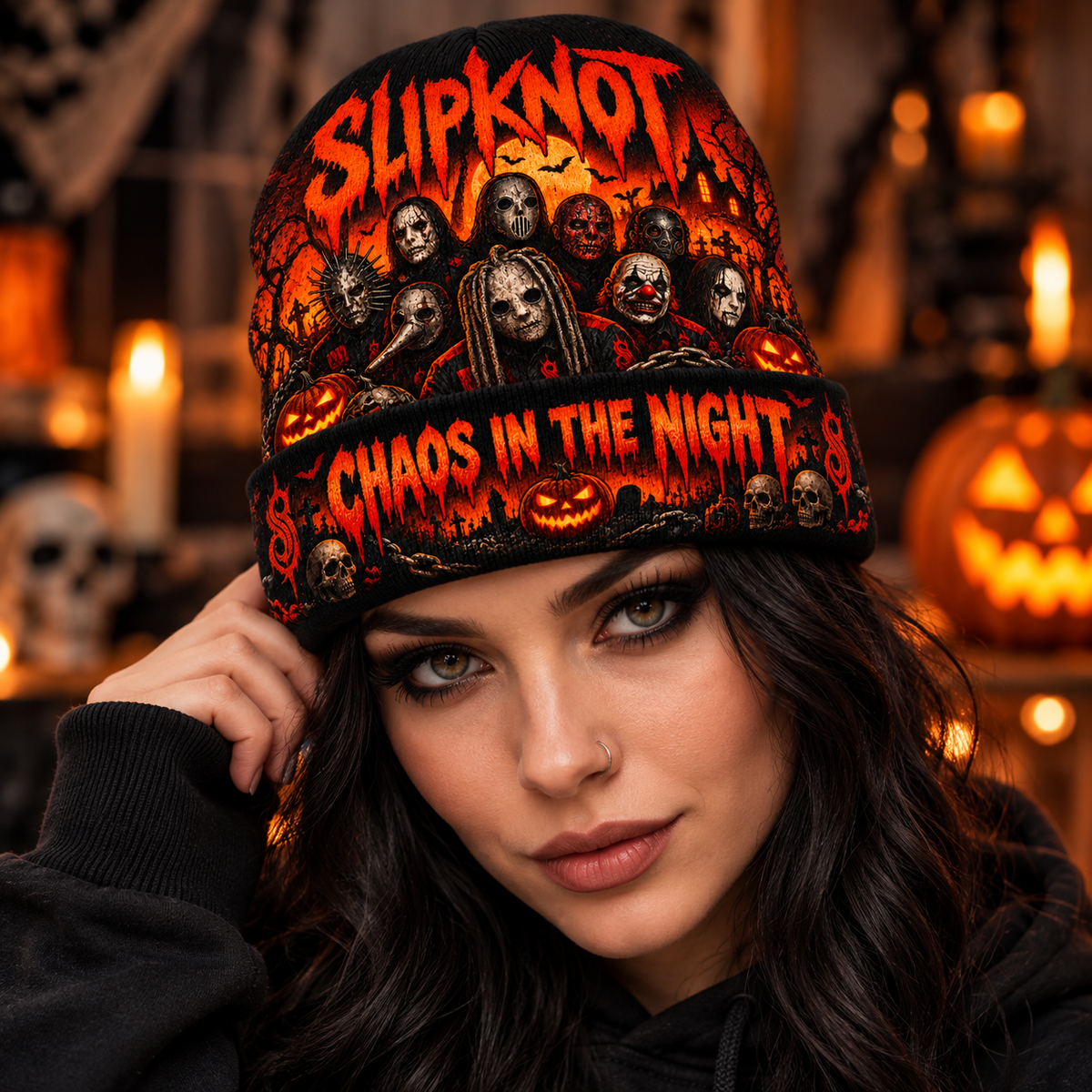 Slipknot Horror Masks Graphic Print Knit Beanie for Chaos In The Night Crowds NDN 3