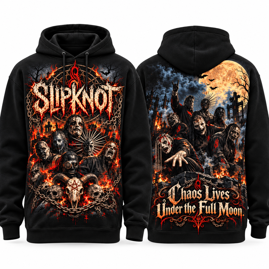 Slipknot Masks Fire Chaos Lives Under The Full Moon Scene Hoodie for Masked Metal Fans NDN 1