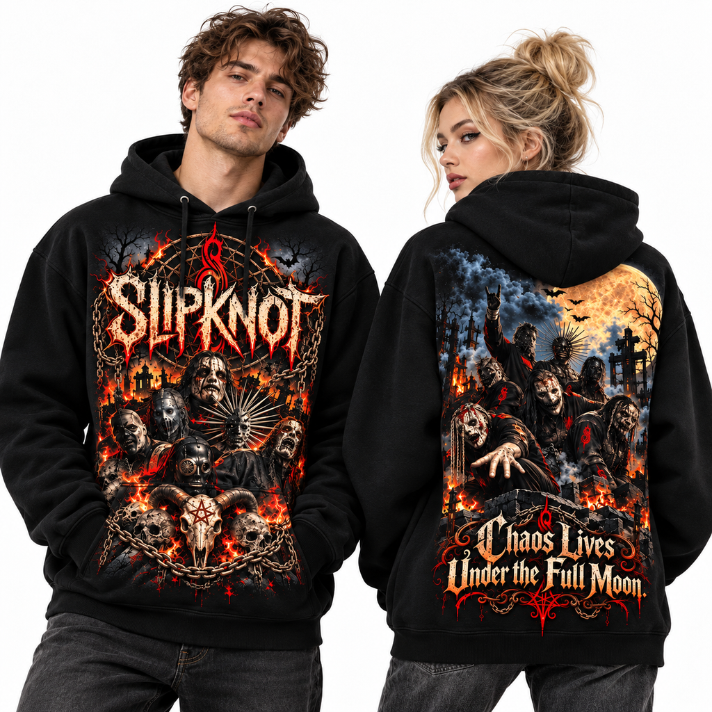 Slipknot Masks Fire Chaos Lives Under The Full Moon Scene Hoodie for Masked Metal Fans NDN 2