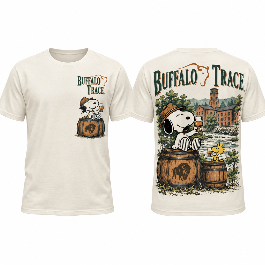 Snoopy Buffalo Trace Barrel Scene 3D Shirt for Bourbon Fans Who Enjoy Rustic Distillery Style 1