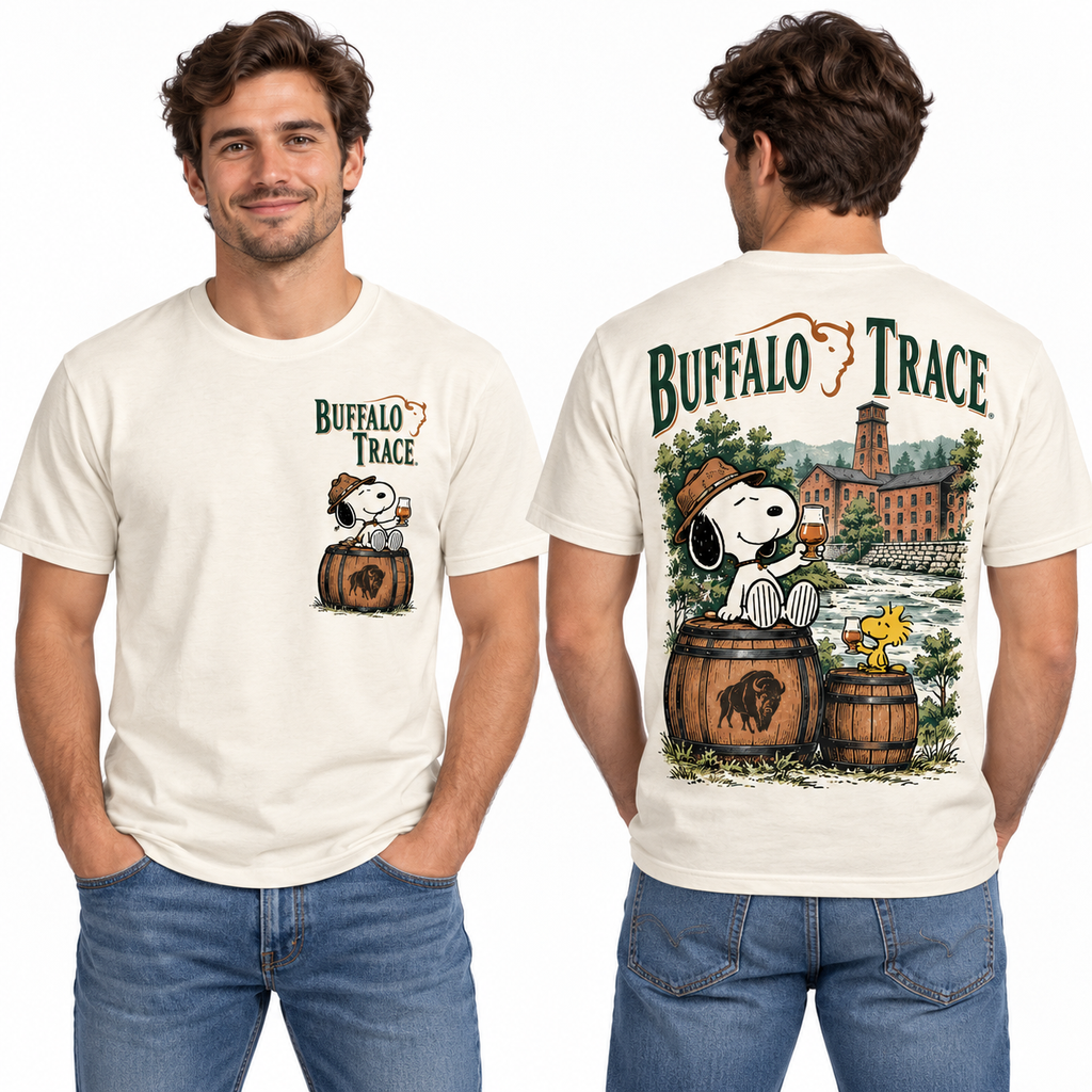 Snoopy Buffalo Trace Barrel Scene 3D Shirt for Bourbon Fans Who Enjoy Rustic Distillery Style 2
