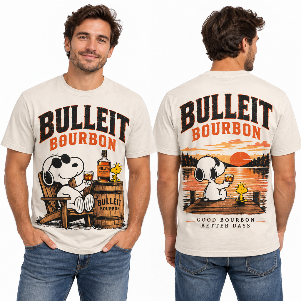 Snoopy Bulleit Bourbon Barrel Lounge 3D Shirt for Whiskey Fans Who Love Rustic Americana 2