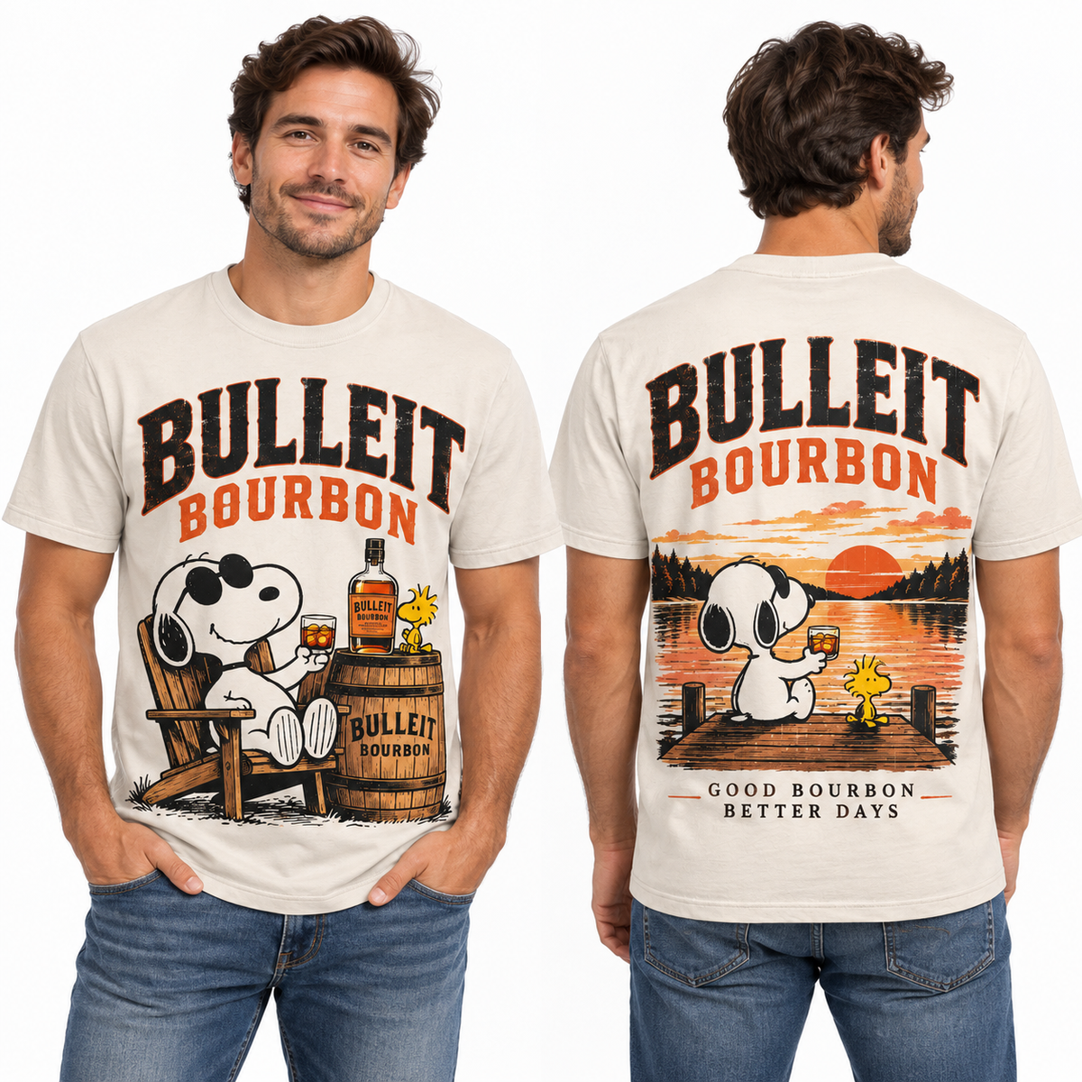 Snoopy Bulleit Bourbon Barrel Lounge 3D Shirt for Whiskey Fans Who Love Rustic Americana 2