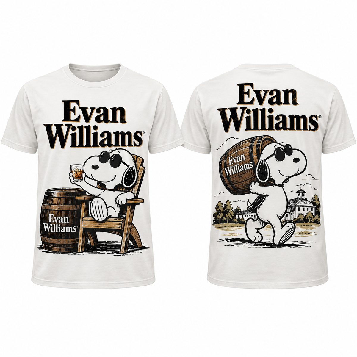 Snoopy Evan Williams Barrel Glass 3D Shirt for Bourbon Fans Who Enjoy Classic Distillery Style 1