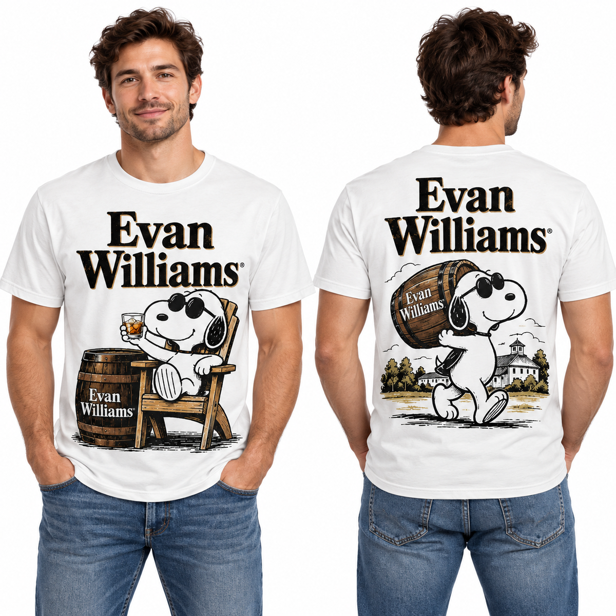 Snoopy Evan Williams Barrel Glass 3D Shirt for Bourbon Fans Who Enjoy Classic Distillery Style 2