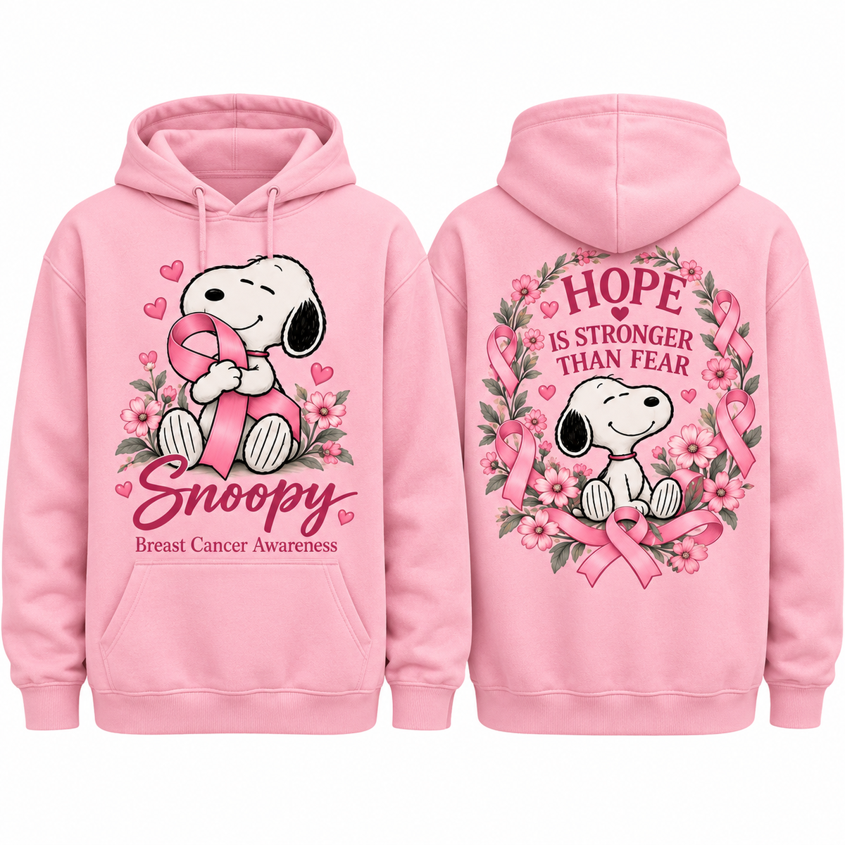 Snoopy Hearts Breast Cancer Awareness Hope Is Stronger Than Fear Hoodie for Pink Awareness Fans NDN 1