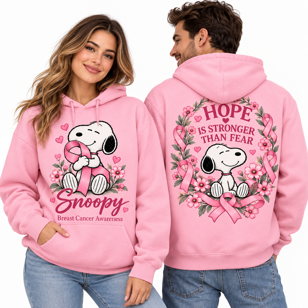 Snoopy Hearts Breast Cancer Awareness Hope Is Stronger Than Fear Hoodie for Pink Awareness Fans NDN 2