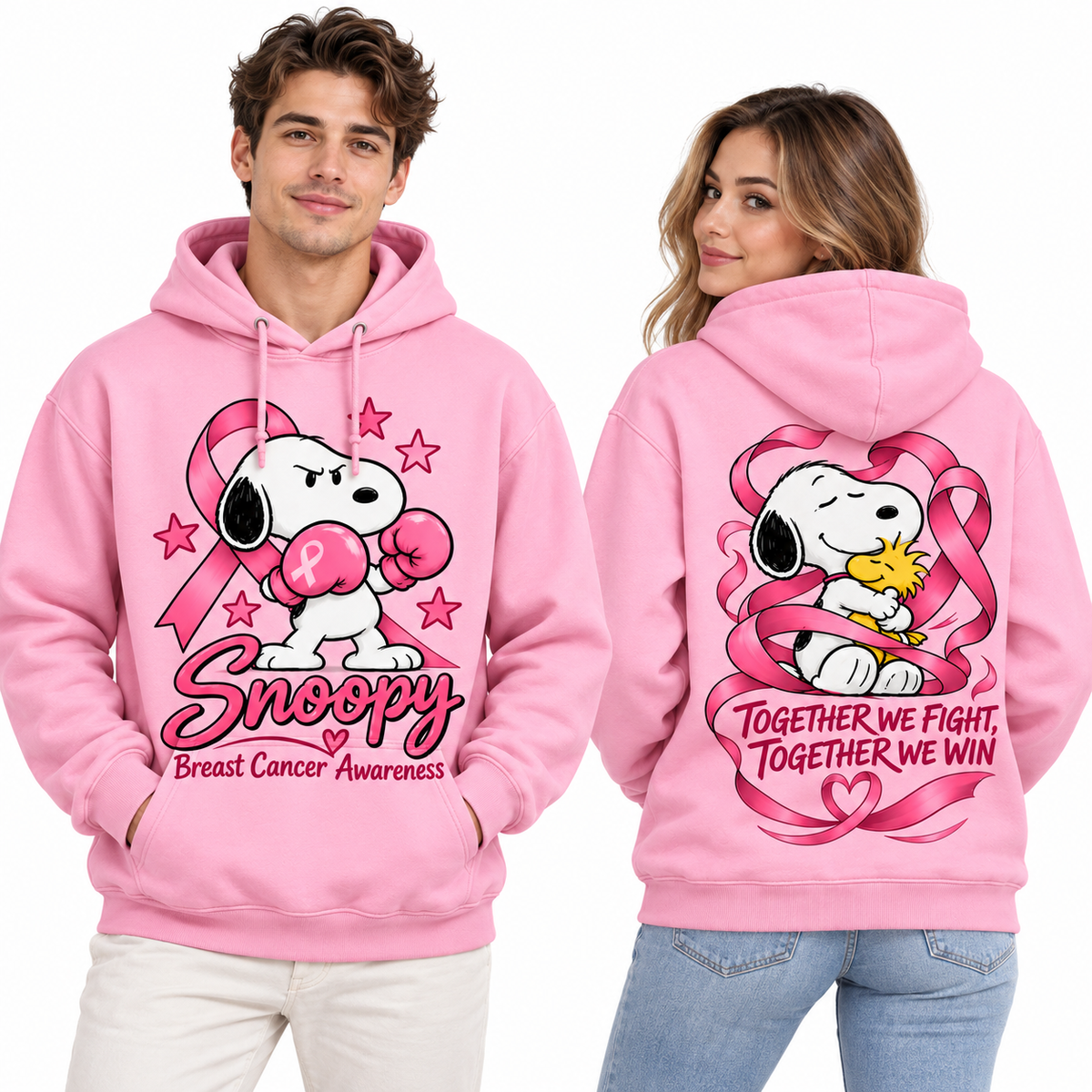 Snoopy Hearts Breast Cancer Awareness Together We Fight We Win Hoodie for Pink Awareness Fans NDN 2