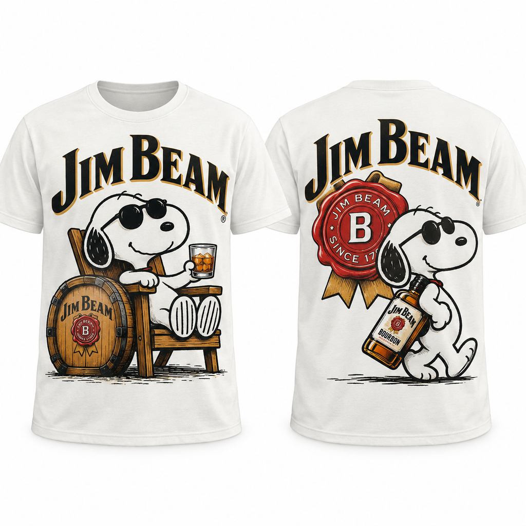Snoopy Jim Beam Barrel Sips 3D Shirt for Bourbon Fans Who Enjoy Classic Distillery Style 1
