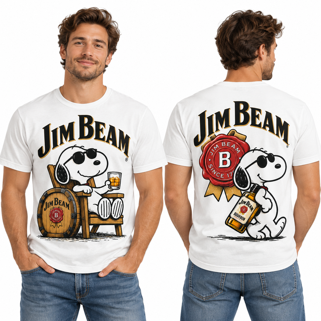Snoopy Jim Beam Barrel Sips 3D Shirt for Bourbon Fans Who Enjoy Classic Distillery Style 2
