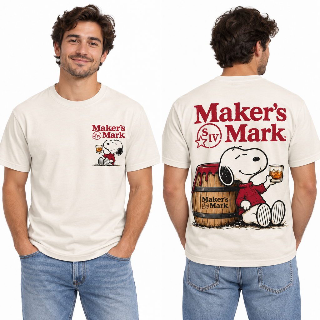 Snoopy Maker's Mark Bourbon Glass 3D Shirt for Whiskey Fans Who Love Classic Red Label Art 2