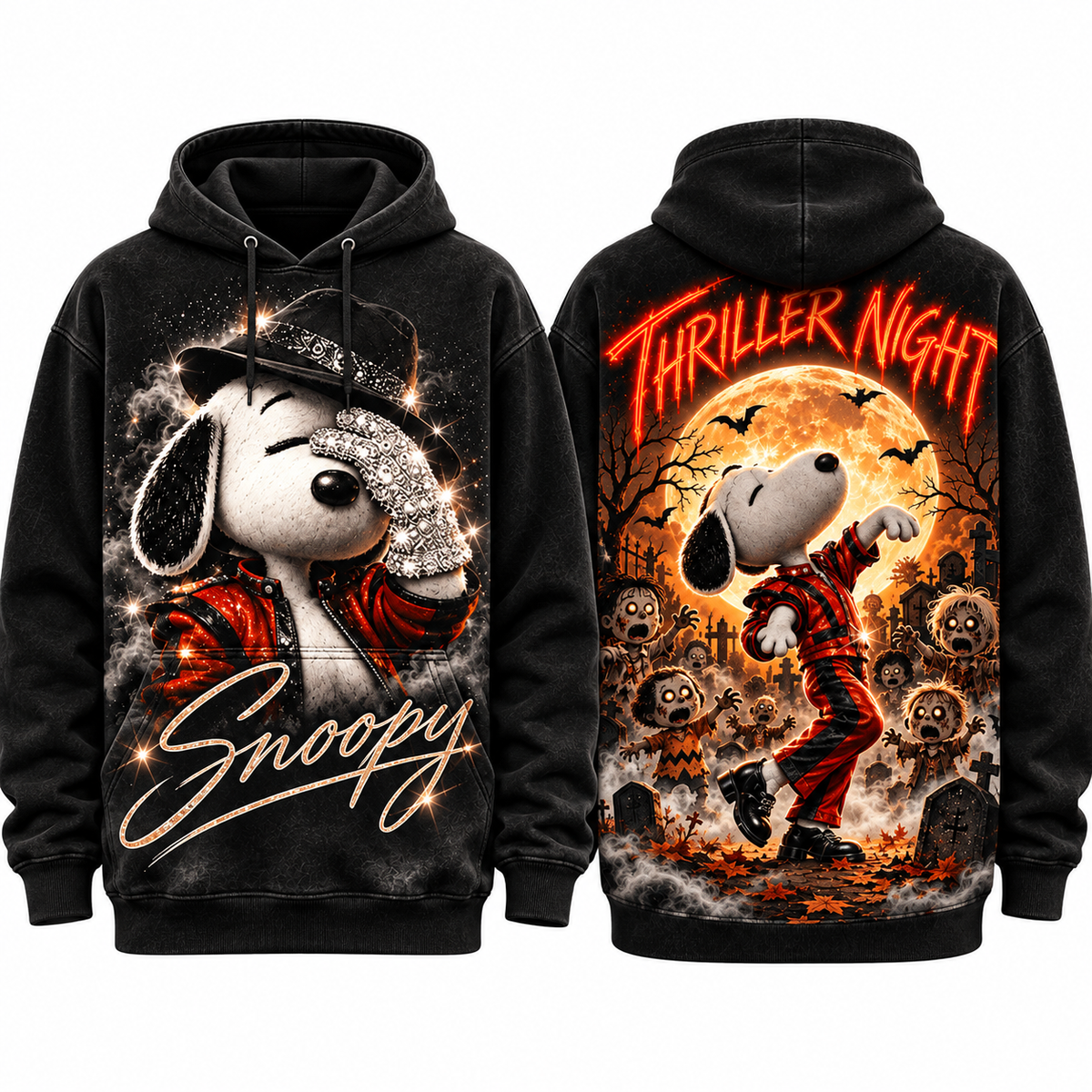 Snoopy Skeleton Guitar Thriller Night Graveyard Woodstock Hoodie for Halloween Cartoon Fans NDN 1
