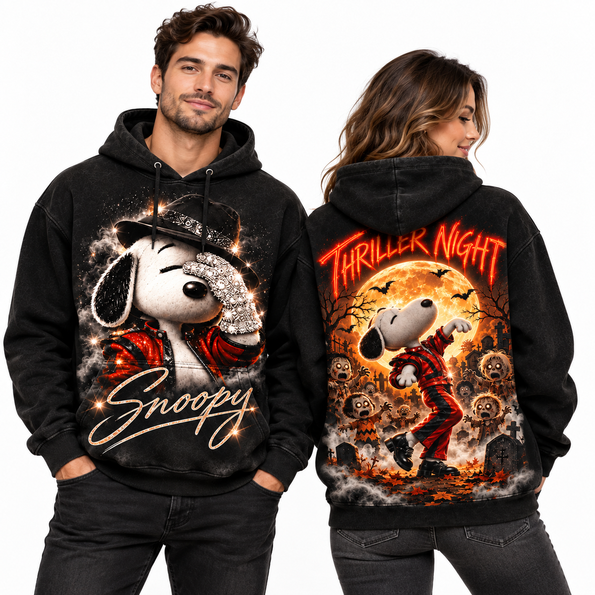Snoopy Skeleton Guitar Thriller Night Graveyard Woodstock Hoodie for Halloween Cartoon Fans NDN 2