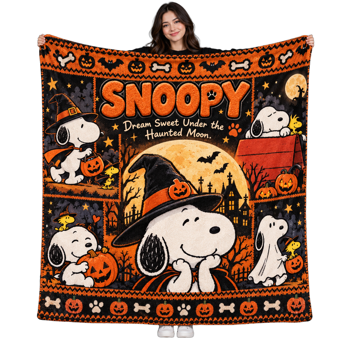 Snoopy Witch Hat And Orange Pumpkins Fleece Blanket For Cozy Halloween Movie Nights NDN 1