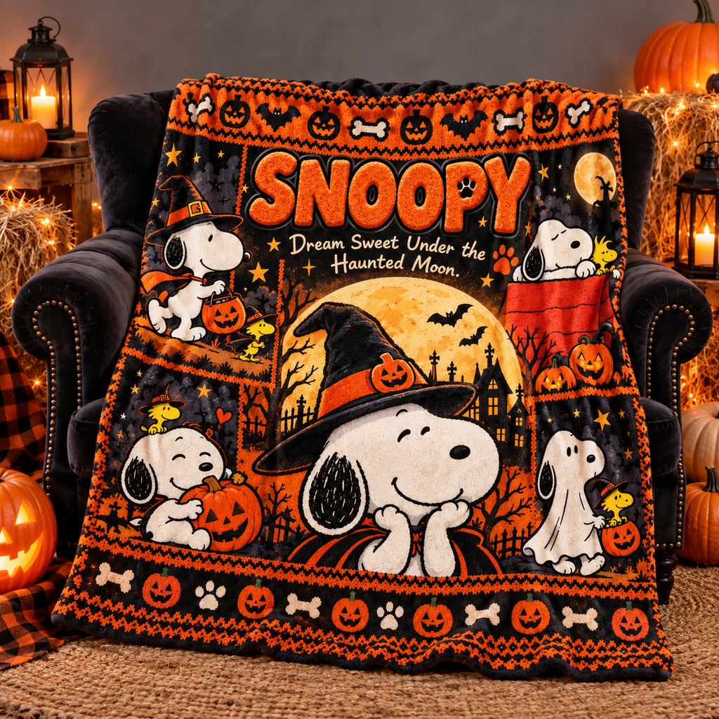 Snoopy Witch Hat And Orange Pumpkins Fleece Blanket For Cozy Halloween Movie Nights NDN 2