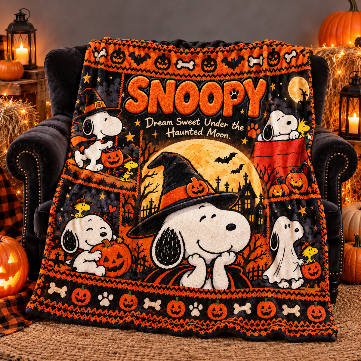 Snoopy Witch Hat And Orange Pumpkins Fleece Blanket For Cozy Halloween Movie Nights NDN 2