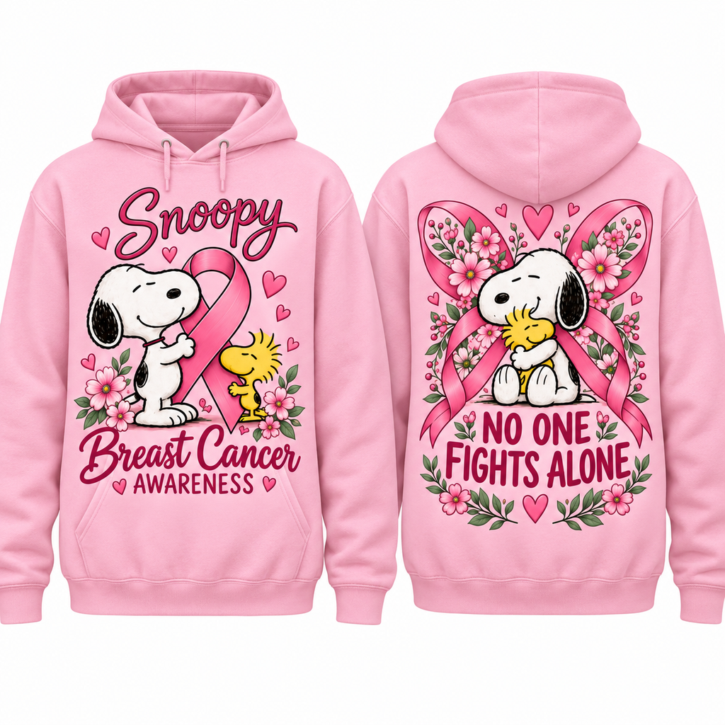 Snoopy Woodstock Hearts Breast Cancer Awareness No One Fights Alone Hoodie for Awareness Day Fans NDN 1