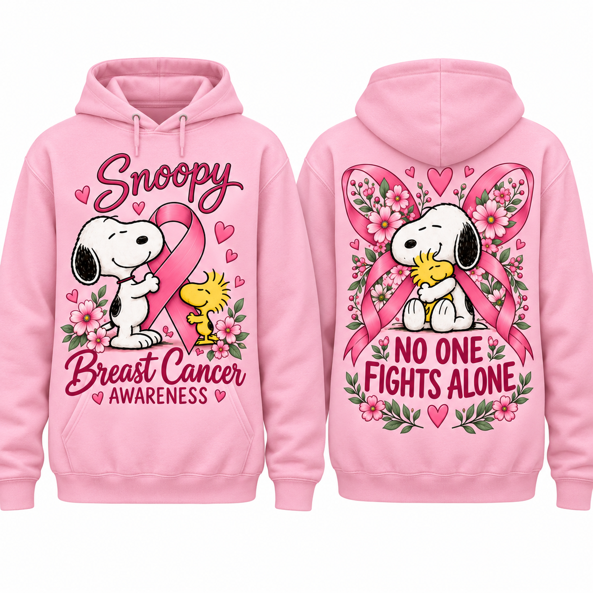 Snoopy Woodstock Hearts Breast Cancer Awareness No One Fights Alone Hoodie for Awareness Day Fans NDN 1