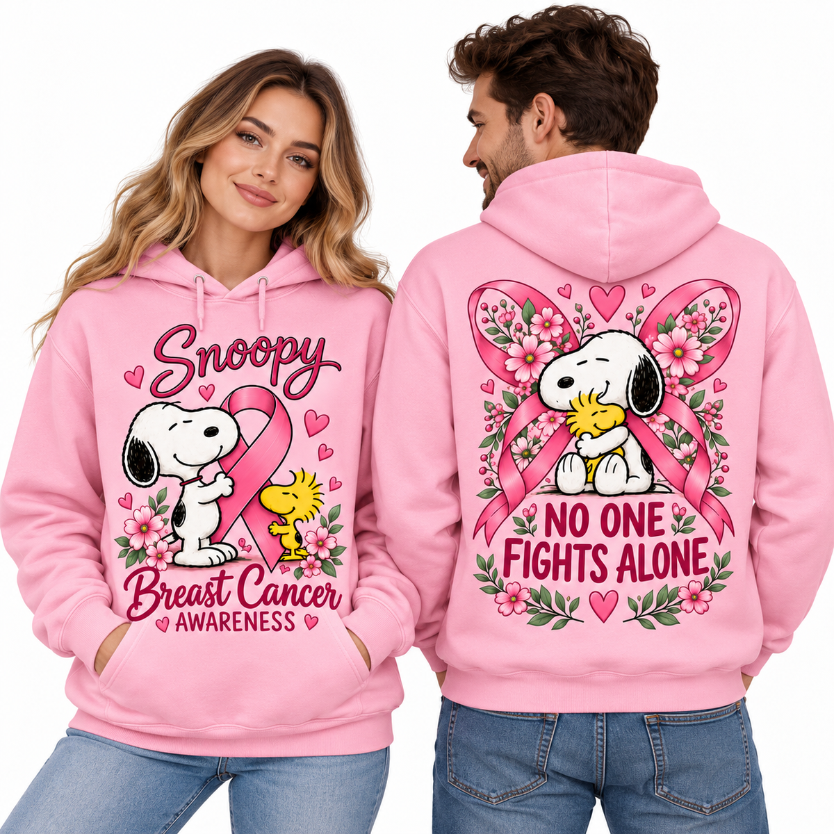 Snoopy Woodstock Hearts Breast Cancer Awareness No One Fights Alone Hoodie for Awareness Day Fans NDN 2
