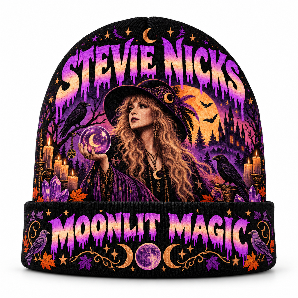 Stevie Nicks Witch Hat Graphic Print Knit Beanie for Moonlit Magic Halloween Evenings NDN 1