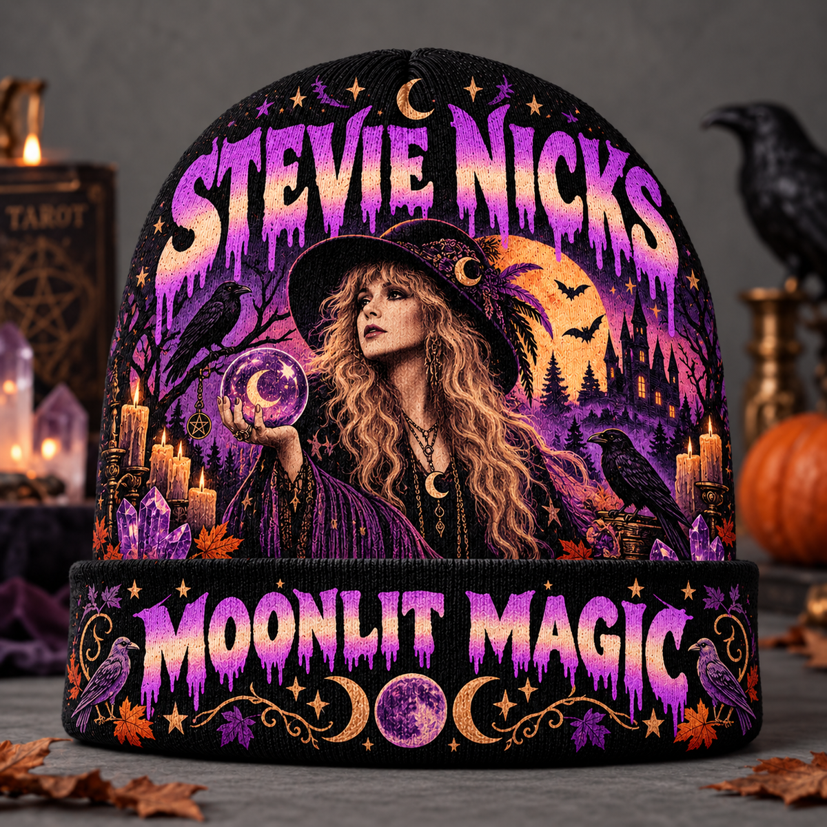 Stevie Nicks Witch Hat Graphic Print Knit Beanie for Moonlit Magic Halloween Evenings NDN 2