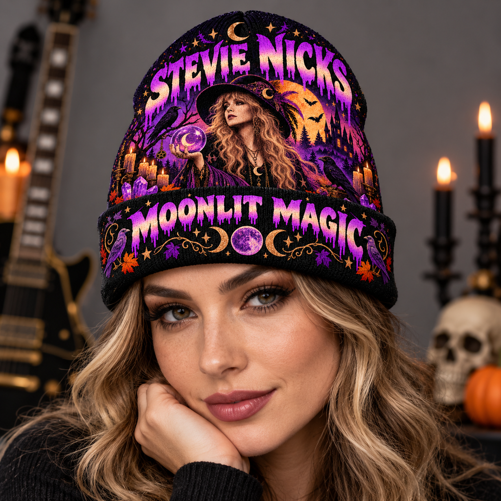 Stevie Nicks Witch Hat Graphic Print Knit Beanie for Moonlit Magic Halloween Evenings NDN 3