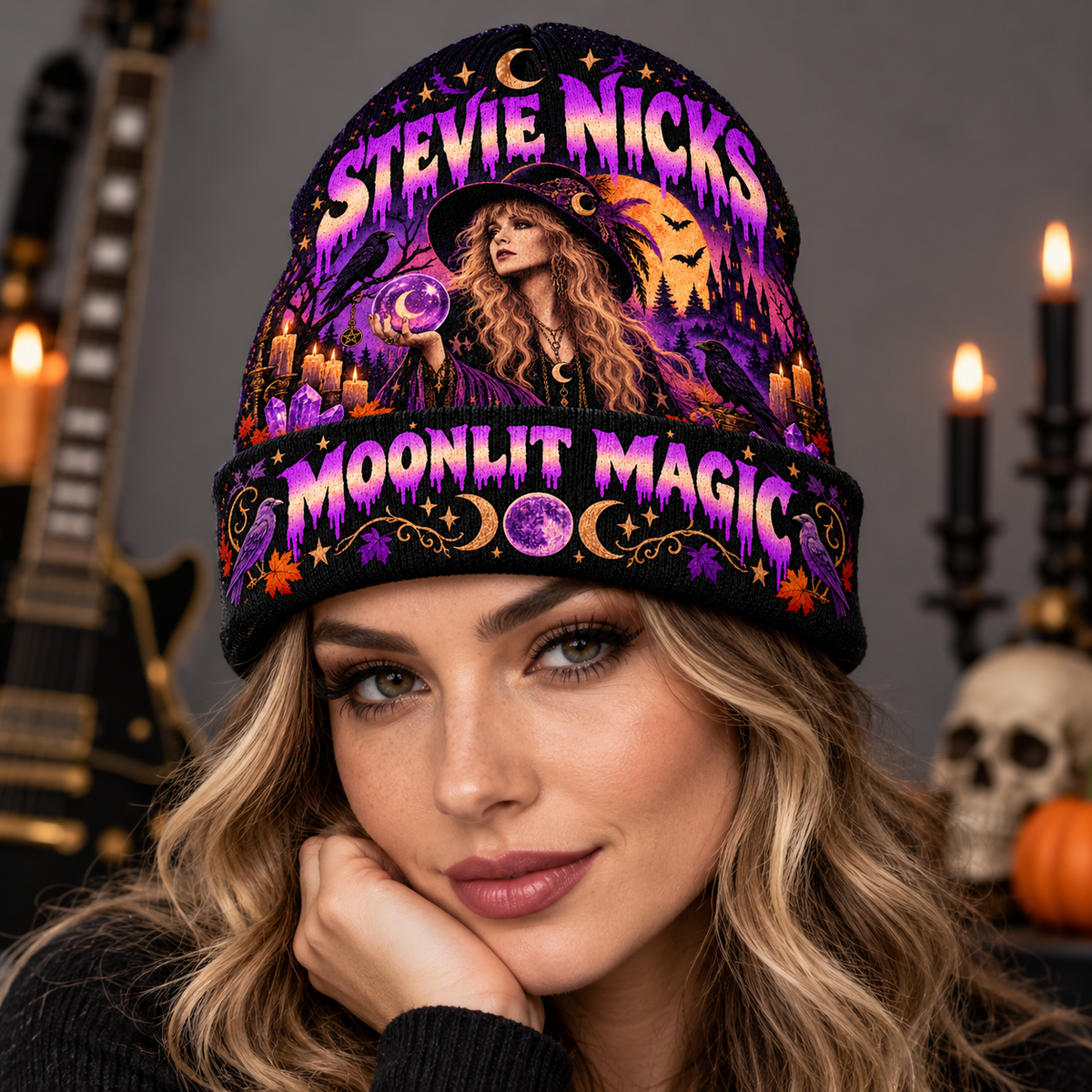 Stevie Nicks Witch Hat Graphic Print Knit Beanie for Moonlit Magic Halloween Evenings NDN 3