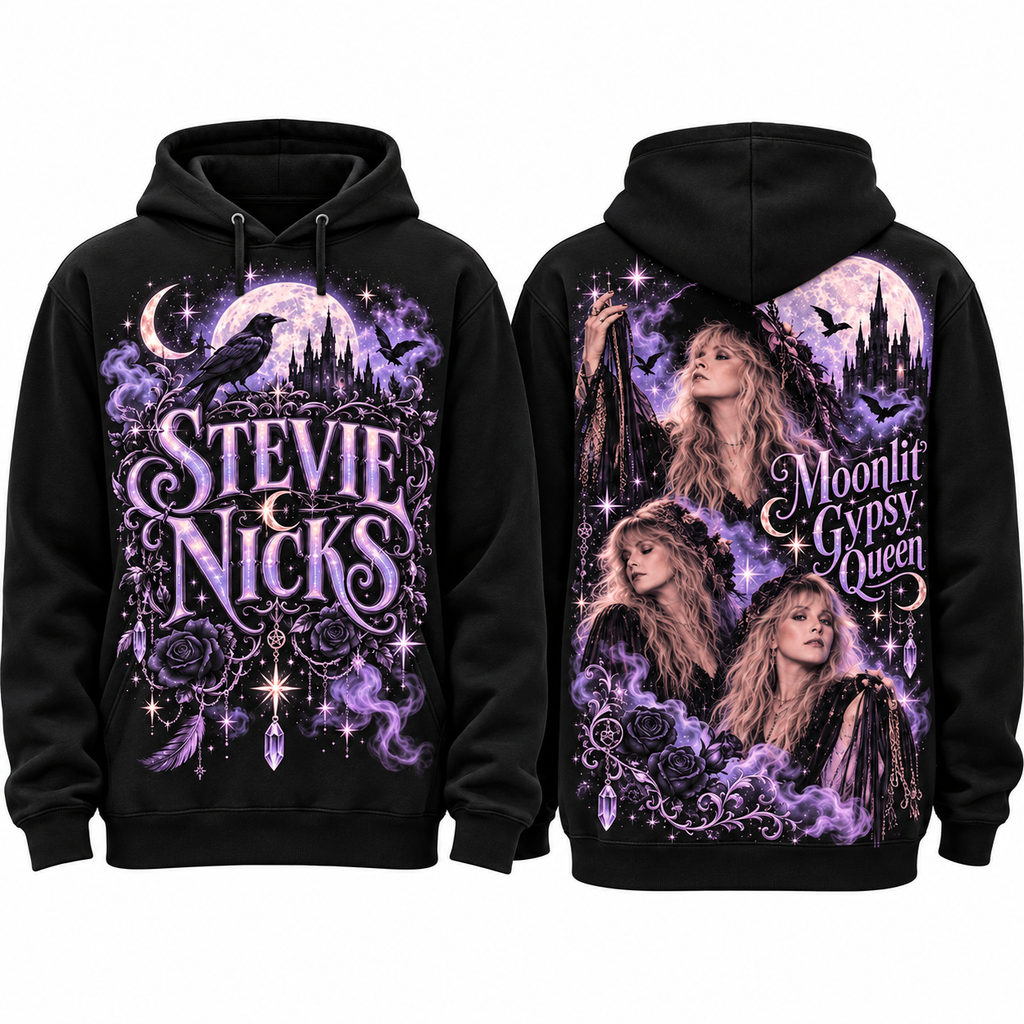 Stevie Nicks Witchy Portrait Purple Script Moon And Stars Hoodie for Witchy Music Fans NDN 1
