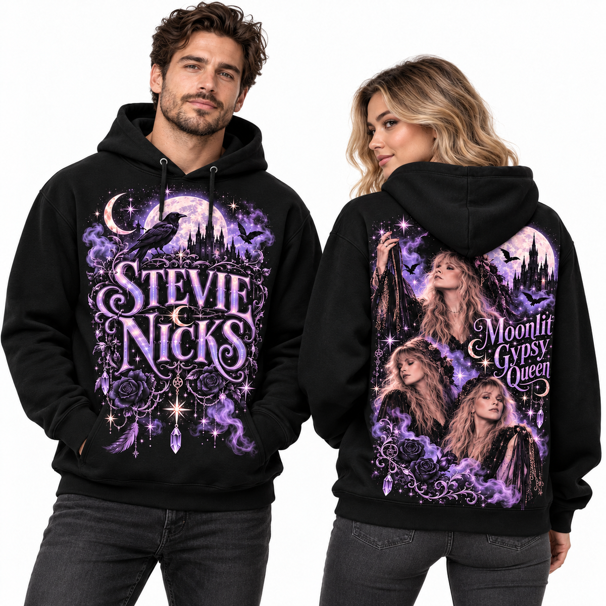 Stevie Nicks Witchy Portrait Purple Script Moon And Stars Hoodie for Witchy Music Fans NDN 2