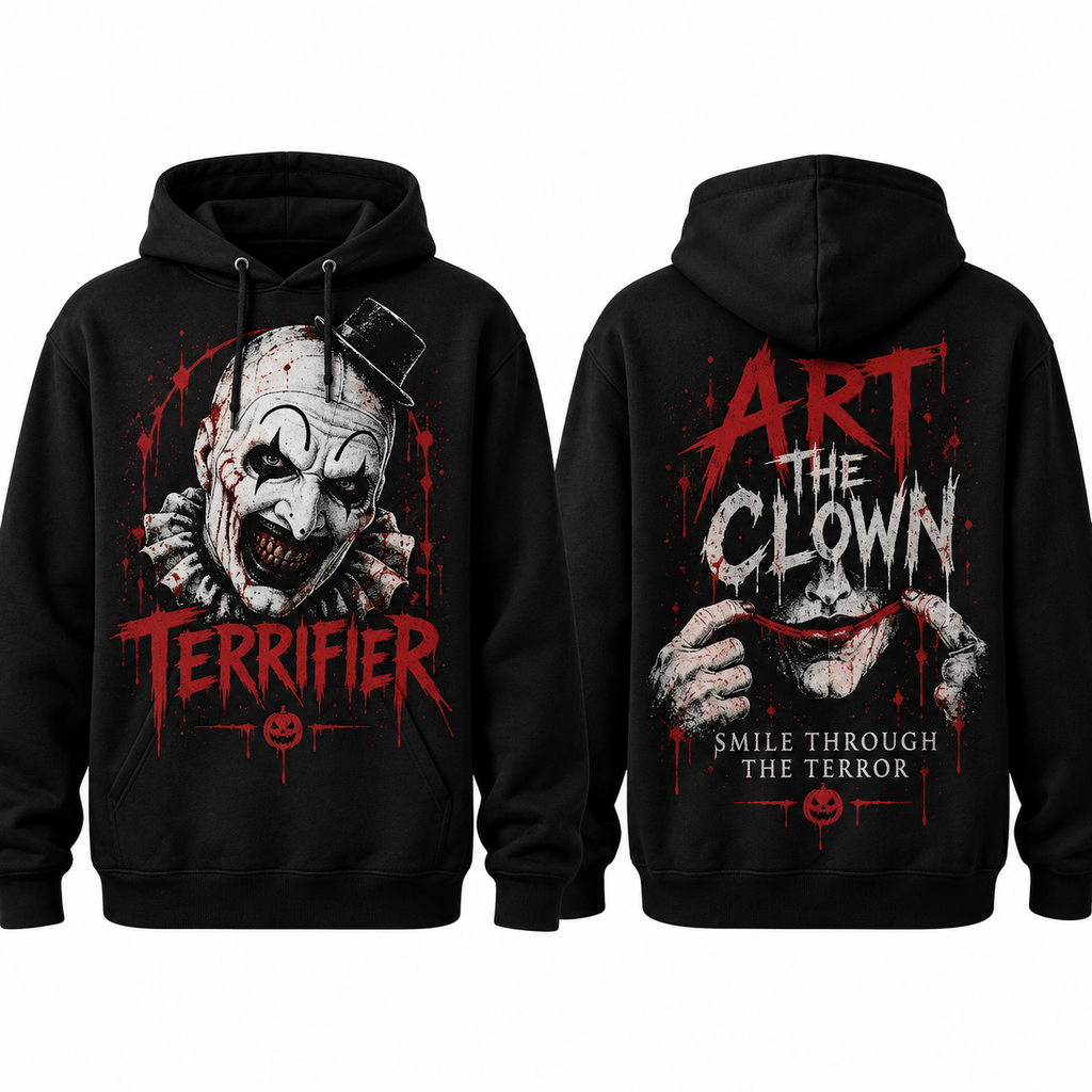 Terrifier Art the Clown Blood Splatter Halloween Hoodie NTH1 for Horror Fans Who Smile Through Terror 1