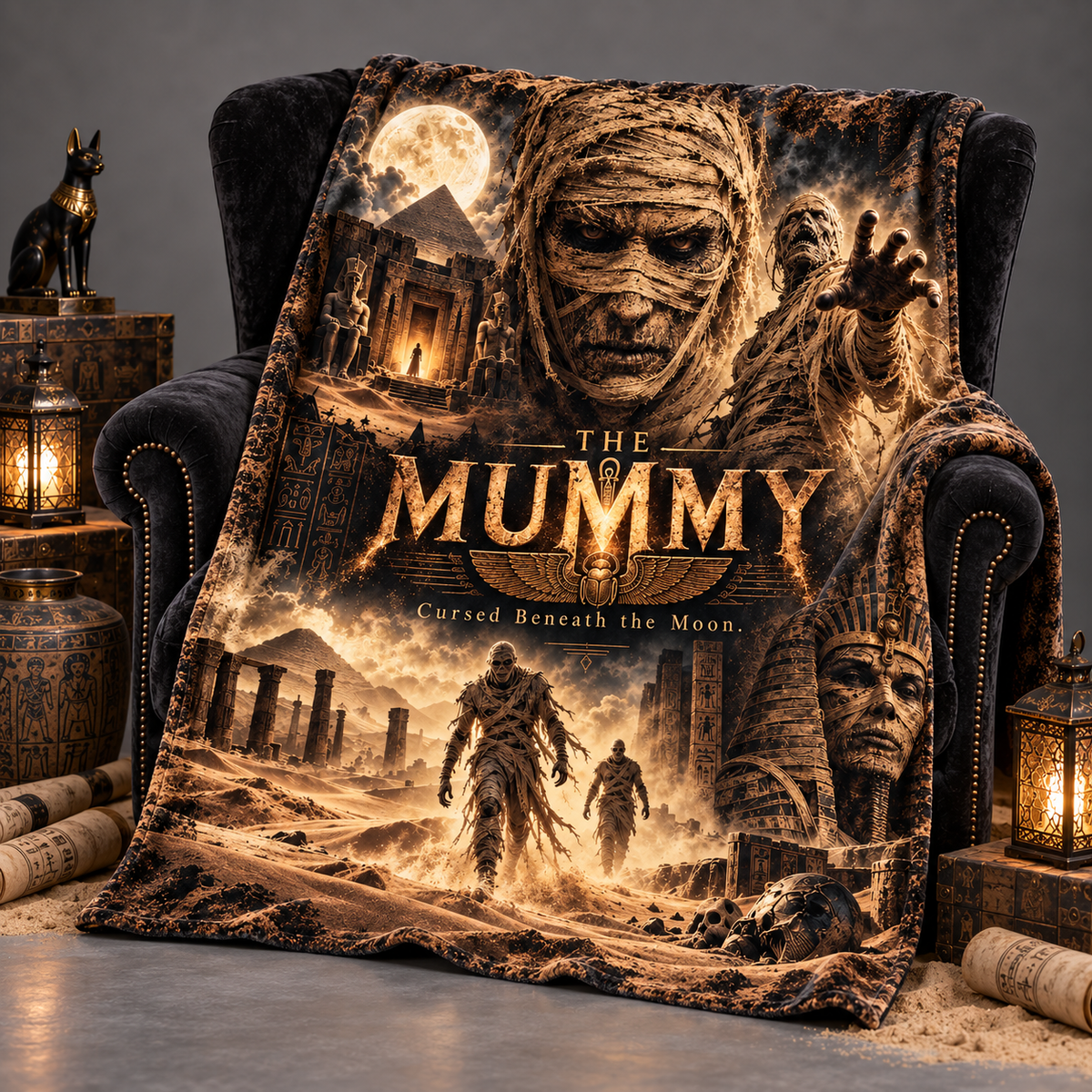 The Mummy Ancient Portrait And Golden Ruins Fleece Blanket For Classic Desert Horror Fans NDN 2