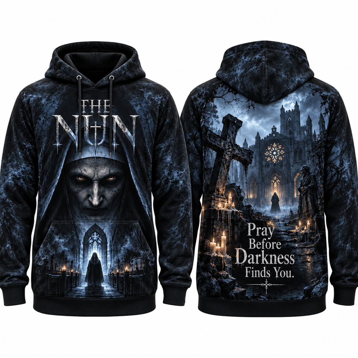 The Nun Face Pray Before Darkness Finds You Cemetery Hoodie for Gothic Horror Fans NDN 1