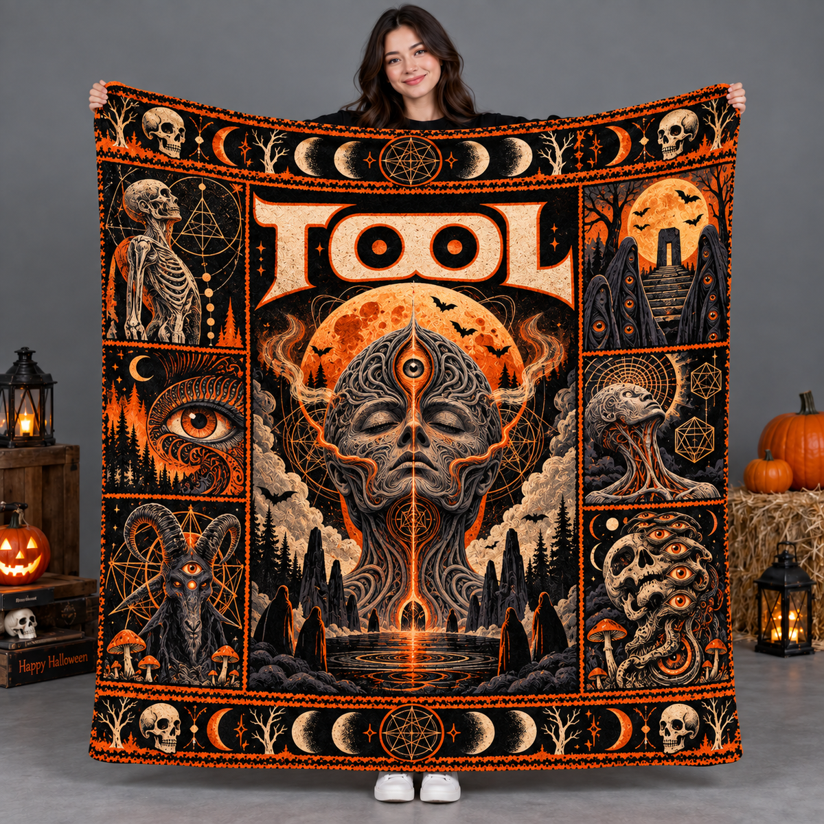Tool Orange Grey Third Eye Head Fleece Blanket For Psychedelic Halloween Nights NDN 2