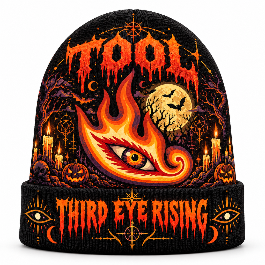Tool Third Eye Flame Graphic Print Knit Beanie for Midnight Halloween Ritual Walks NDN 1